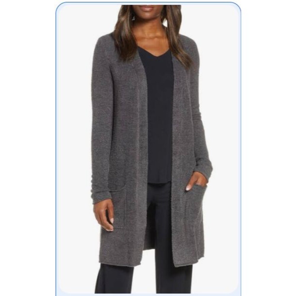 Barefoot Dreams CozyChic Lite Long Open Cardigan Sweater Pockets Gray Womens EUC